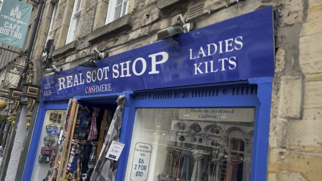 Image of store called the Real Scot Shop, advertising ladies kilts.
